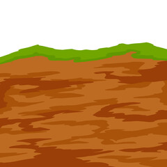 Land in the section. Underground background. Geological layer. Archaeological scenery. Brown ground. Dirt clay and green grass. Vector cartoon