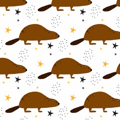 Childrens seamless pattern with flowers and stars. Patern with a cute beaver.