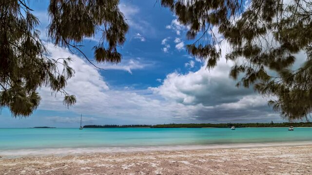 Kuto Bay, Isle of Pines, framed by tree branches. Timelapse. Anchored boats move with tide.