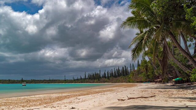 Timelapse of Kuto Bay, Isle of Pines beach. Palm trees, dramatic clouds blow in wind. Anchored boat.