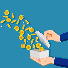 Coins fly out of the box. financial concept. vector illustration