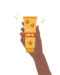 Skin care concept. African female hand holds tube of sunscreen. Facial cream with SPF. Protection for face from solar ultraviolet light. Hand drawn beauty product. Vector illustration in flat style.