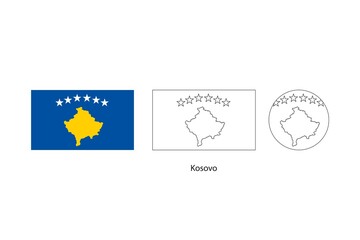 Kosovo flag 3 versions, Vector illustration, Thin black line of rectangle and the circle on white background.