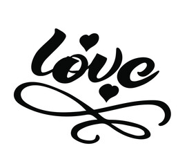 LOVE. Love black and white lettering. Lettering vector illustration for poster, card, banner valentine day, wedding. Hand drawn word - love with doodle heart. Print for tee, t-shirt.