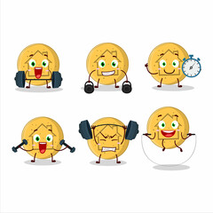 A healthy dalgona candy house cartoon style trying some tools on Fitness center