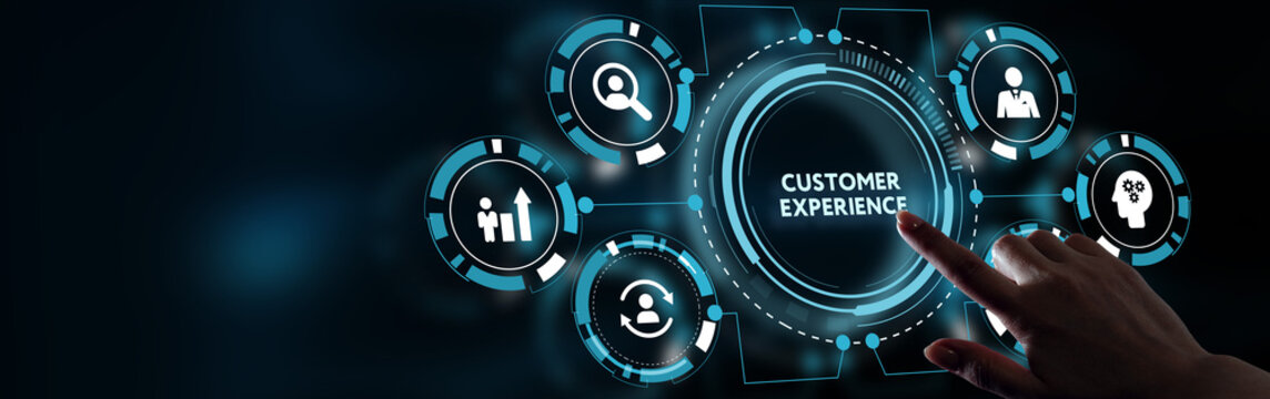 Business, Technology, Internet and network concept. Technology future. Young businessman clicks on the virtual display button: Customer Experience. - Powered by Adobe