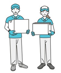 荷物(段ボール)を持つ男女の引っ越し業者のベクターイラスト素材／引越し／業者／段ボール