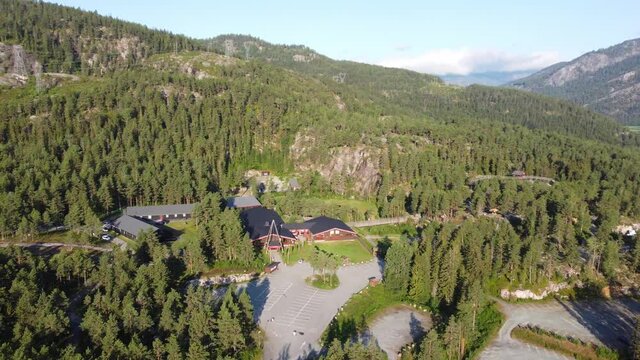 Zoo and bear park Bjorneparken in Norway - Aerial overview showing entrance and property after closing hours