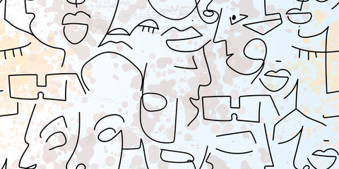 One line drawing. Abstract face seamless pattern.