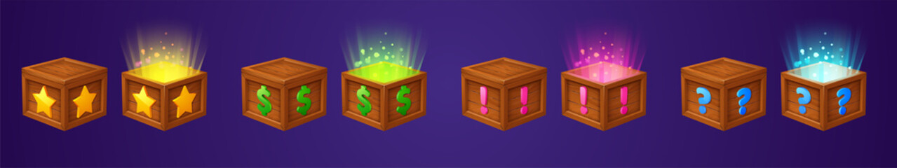 Isometric wooden boxes with different signs and magic light inside. Vector cartoon set of open and closed wood crates with gift, money or surprise for game gui design - obrazy, fototapety, plakaty