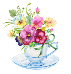 bouquet of flowers pansies in a cup watercolor illustration on an isolated white background