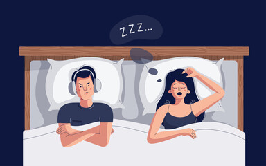 Snoring woman vector illustration. Husband suffers insomnia because of wife snores loudly. Man can't sleep, covers ears from snoring noise. Sleep apnea, breathing disease concept for web.Flat design - obrazy, fototapety, plakaty