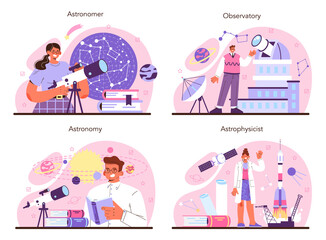 Astronomy and astronomer concept set. Professional scientist