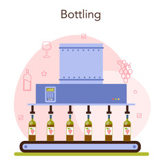 Naklejka premium Wine production concept. Grape wine puted in bottles for sale.