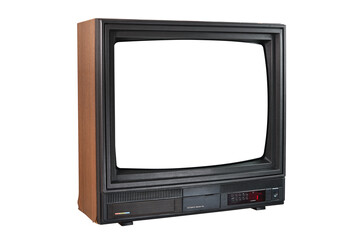 The old TV on the isolated. Old white screen TV for adding new images to the screen. Retro technology concept.