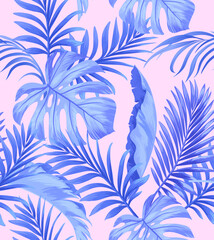 Seamless  vector  tropical pattern. Summer jungle wallpaper. Realistic ptint with palm leaves.