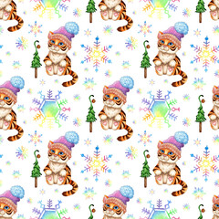 Watercolor painting pattern with cartoon tiger in a hat near a Christmas tree and snowflakes. The symbol of the Chinese New Year, Christmas Winter childrens illustration Isolated over white background