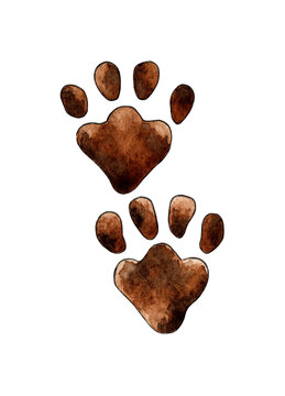 Watercolor painting of animal paw prints. Cute animal element for decoration, design, craft projects, scrapbooking, pet tags. Isolated on white background. Drawn by hand.