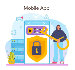 Hacker online service or platform. Thief stealing personal data and money
