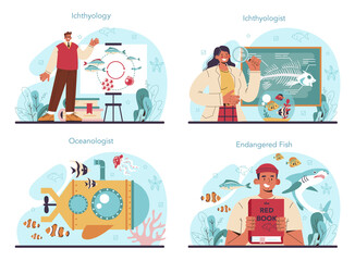 Ichthyologist concept set. Ocean fauna scientist. Practical studying