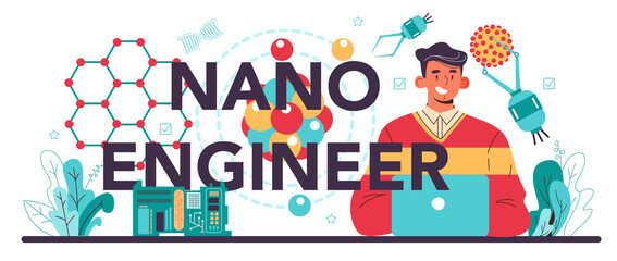 Nano engineering web banner or landing page set. Scientists work