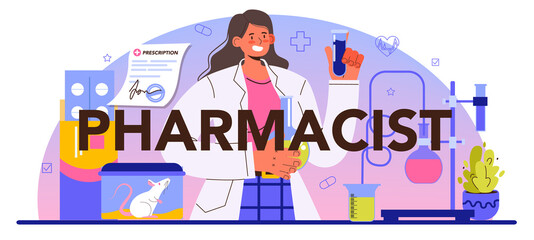Pharmacist typographic header. Pharmacist selling drugs in bottle and box