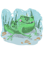 cute green frog in cartoon style, hand-drawn illustration, isolated on a white background