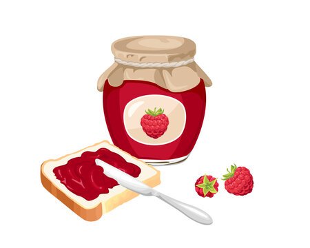 Raspberry jam set. Spread on piece of toast bread, knife, glass jar with jelly and fresh red berries isolated on white background. Vector sweet food illustration in cartoon flat style.