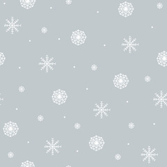 Grey pattern with lines doodle white snowflakes. Winter texture, textiles, wallpaper, background.