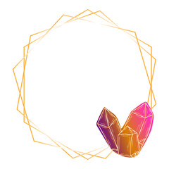 Cute gold hexagon frame with pink crystal for a wedding invitation, happy birthday. Line vector illustration of doodles.