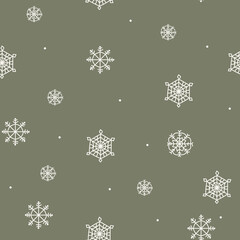 Green pattern with lines doodle white snowflakes. Winter texture, textiles, wallpaper, background.