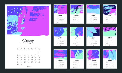 Calendar 2022 template vector, Set Desk calendar 2022, wall calendar design, Planner, Week start on Sunday, vertical layout, Set of 12 Months, cover design memphis style, vector illustration - 470786387