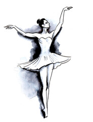 Ink black and white drawing of a dancing ballerina