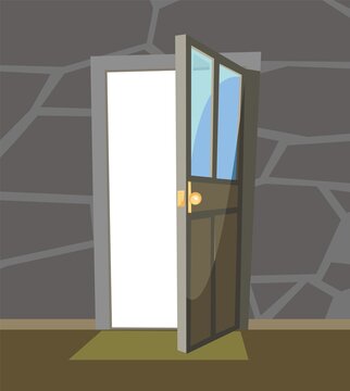 Opened door. Simple and flat style. Inside view from the room of the house. stone wall. Open. Cartoon cute fairy tale design. Image background. Vector