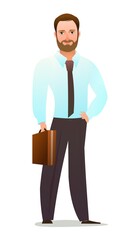 Successful businessman. Cheerful persons in standing pose. Man in business shirt and tie. Cartoon comic style flat design. Separate character. Illustration isolated on white background. Vector