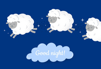 Three sheep jumping over the cloud. Good night concept. Count sheep before bed. Vector flat illustration.