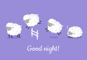 Cute sheep are jumping over the fence. Good night concept. Count sheep before bed. Vector flat illustration.