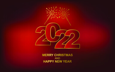 2022 Red Christmas card with golden sparklers. Merry Christmas and Happy New Year text with Snowflakes, lettering for greeting cards, banners, posters, isolated vector illustration