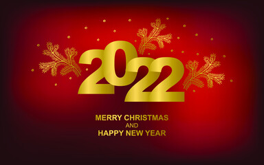 Obraz na płótnie Canvas 2022 Red Christmas card with Golden Christmas tree. Merry Christmas and Happy New Year text with Snowflakes, lettering for greeting cards, banners, posters, isolated vector illustration