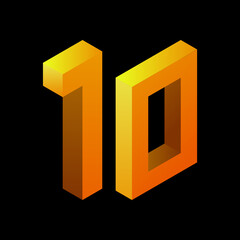 Gradient golden number 10 in isometric style. Yellow figure isolated on black background. Learning numbers, price.
