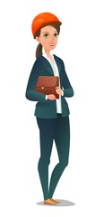 Woman engineer in suit and protective helmet. Office girl at construction site. Cheerful person. Standing pose. Single Character cartoon comic style. Illustration isolated white background. Vector