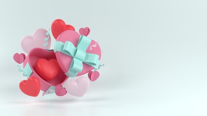 Valentine's day background. 3D valentine illustration with love shape, and gift. 3D rendering
