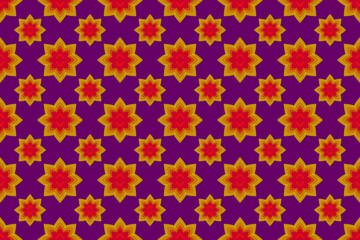 Geometric folk ornament Ikat golden brown floral pattern, Aztec style seamless tribal fabric pattern, tribal embroidery, Indian, fabric print, gold floral fabric pattern, purple background.
