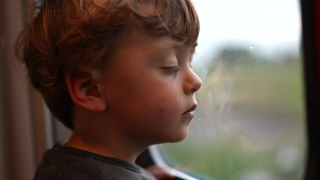 Little boy traveling by train looking outside window