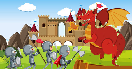 Knights fight with dragon at the castle