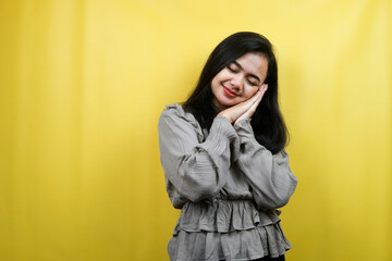 Beautiful young woman sleeping, sweet dreams, feeling happy, isolated