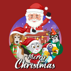 Merry Christmas banner with Santa Claus and animals