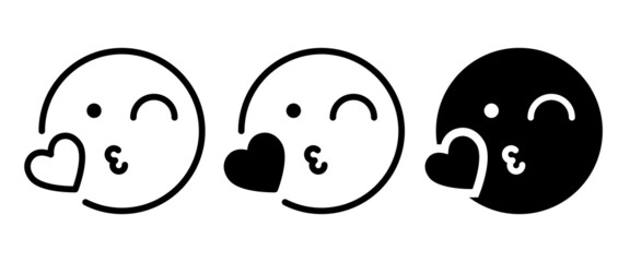 kissing mouth icon, emoticon face blowing a kiss icon, with heart illustration, editable stroke, flat design style isolated on white