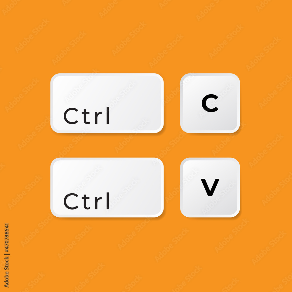 Poster keyboard keys Ctrl C and Ctrl V, copy and paste the key shortcuts. Computer icon on orange background	