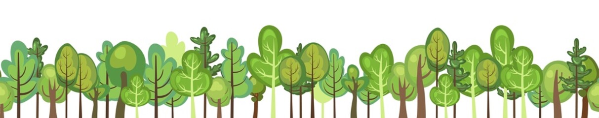 Flat forest. Horizontal seamless composition. Cartoon style. Funny green rural landscape. Level the game. Comic background design. Cute scene with trees. Isolated Vector